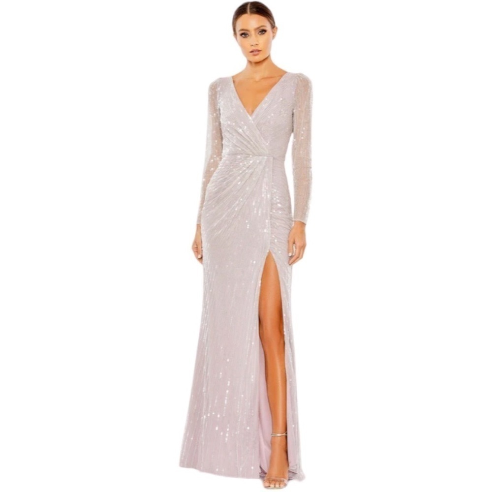 NWT MAC DUGGAL SEOUINED FAUX WRAP
LONG SLEEVE GOWN